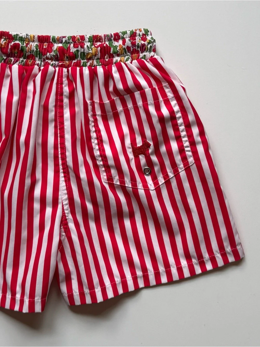 Sal & Pimenta Boys Swim Trunks - Red Stripes Liberty Floral Waistband - Size 10